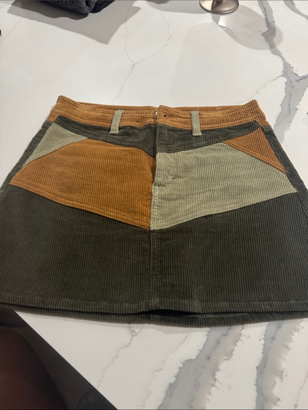 American Eagle Outfitters Patchwork Corduroy Mini Skirt in Olive, Camel & Sage